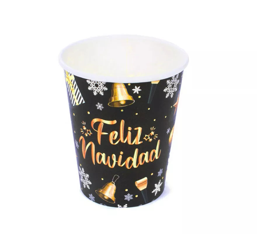 Translation missing: pt-PT.12 Vasos Negros y Dorados de papel de Feliz Navidad de 270 ml