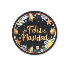 6 Pratos de Papel Feliz Natal Preto e Dourado 18cm