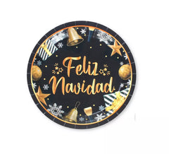 6 Pratos de Papel Feliz Natal Preto e Dourado 23cm