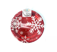 6 pratos de papel vermelho com flocos de neve 18 cm