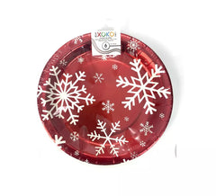 6 pratos de papel vermelho com flocos de neve 23 cm