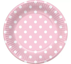 6 Pratos Rosa com Bolinhas Brancas 22 cm