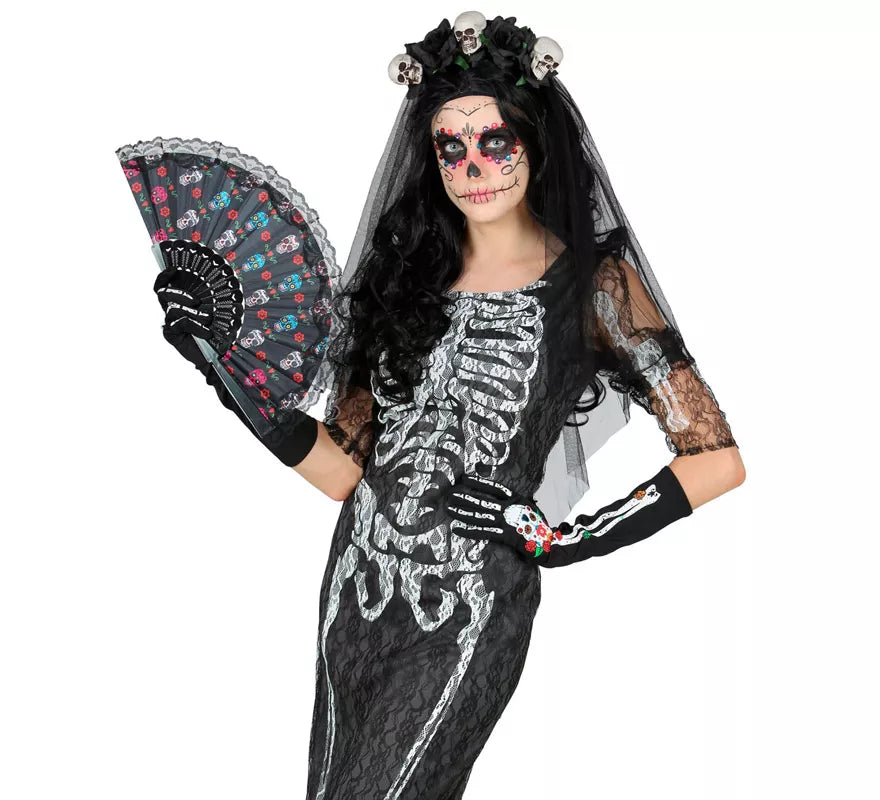 Translation missing: pt-PT.Abanico de Tela Día de Los Muertos Catrina de 23 cm