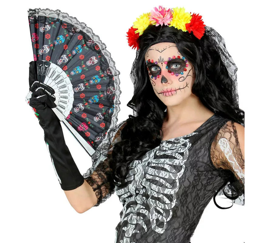 Translation missing: pt-PT.Abanico de Tela Día de Los Muertos Catrina de 23 cm