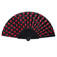 Leque Sevillana ou Chulapa preto com bolinhas plásticas vermelhas, 43 cm