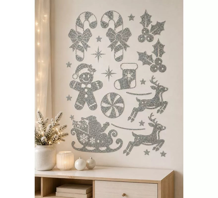 Adhesivo Decorativo Navideño con Purpurina plateada de 30x40 cm