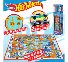 Tapete de jogo Hot Wheels 80x60cm com 2 carrinhos e placas.