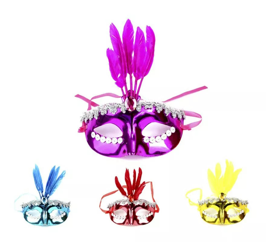 Translation missing: pt-PT.Antifaz Carnaval con plumas y detalles plateados colores surtidos