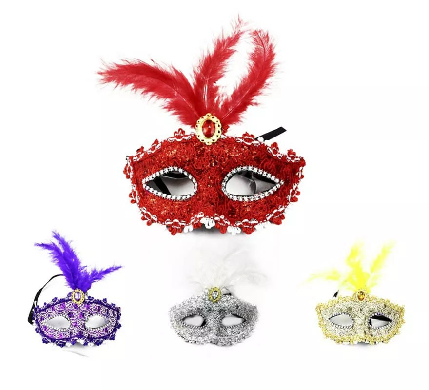 Translation missing: pt-PT.Antifaz Carnaval con plumas y gemas colores surtidos