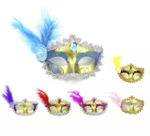 Antifaz Carnaval dorado con plumas colores surtidos