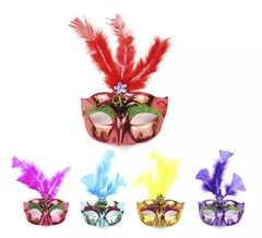 Máscara de Carnaval metálica com penas de cores variadas