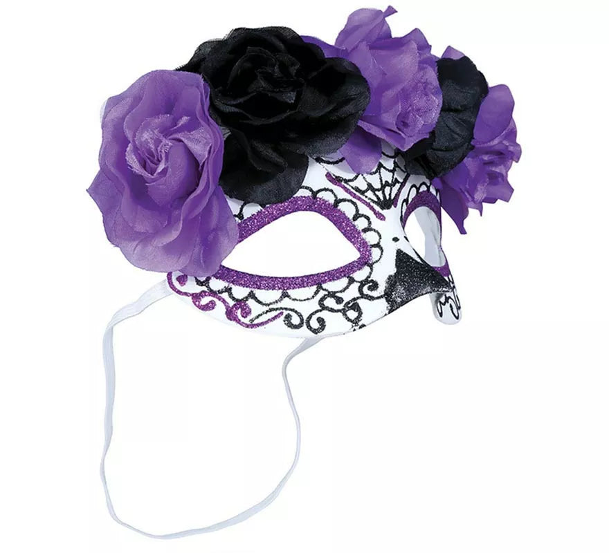 Antifaz de Catrina Flores lila y negras