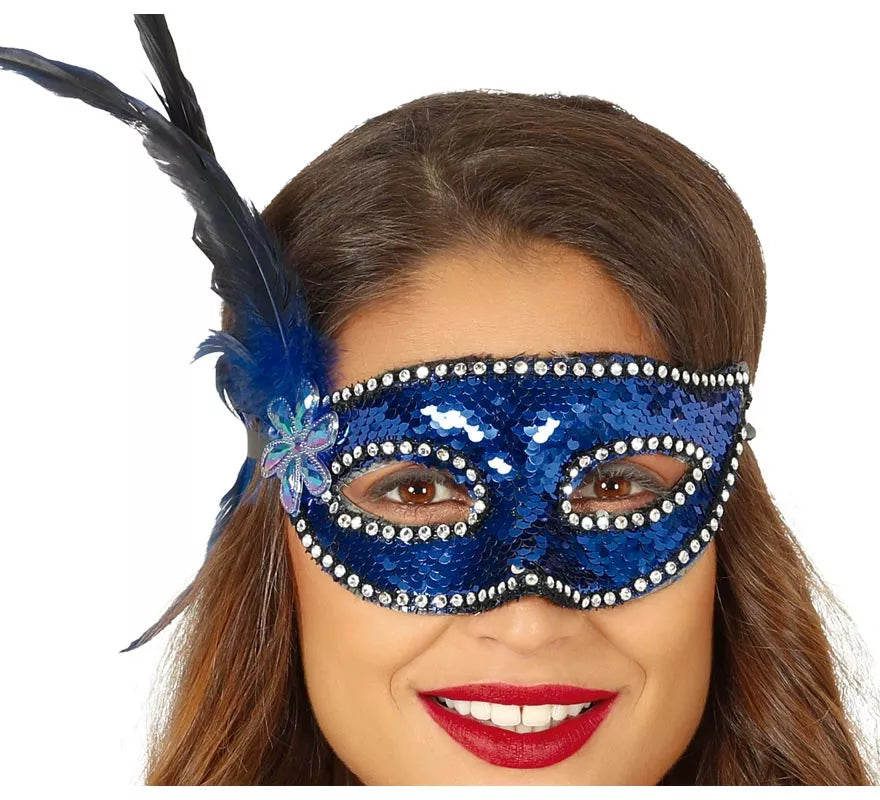 Translation missing: pt-PT.Antifaz de Lentejuelas Azul con Plumas