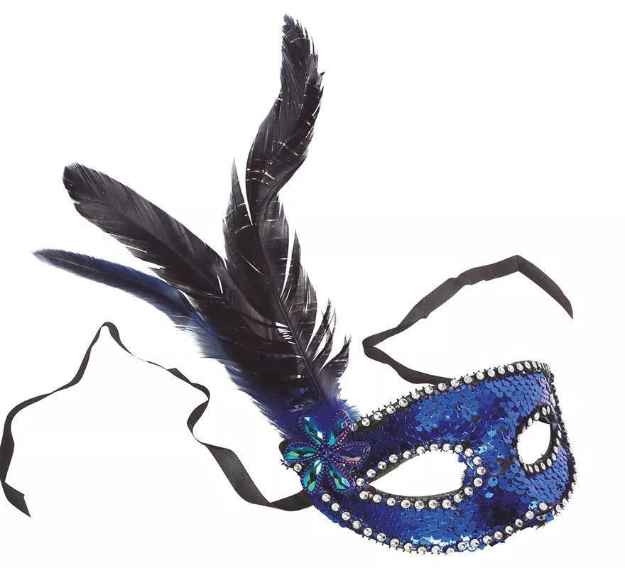 Translation missing: pt-PT.Antifaz de Lentejuelas Azul con Plumas