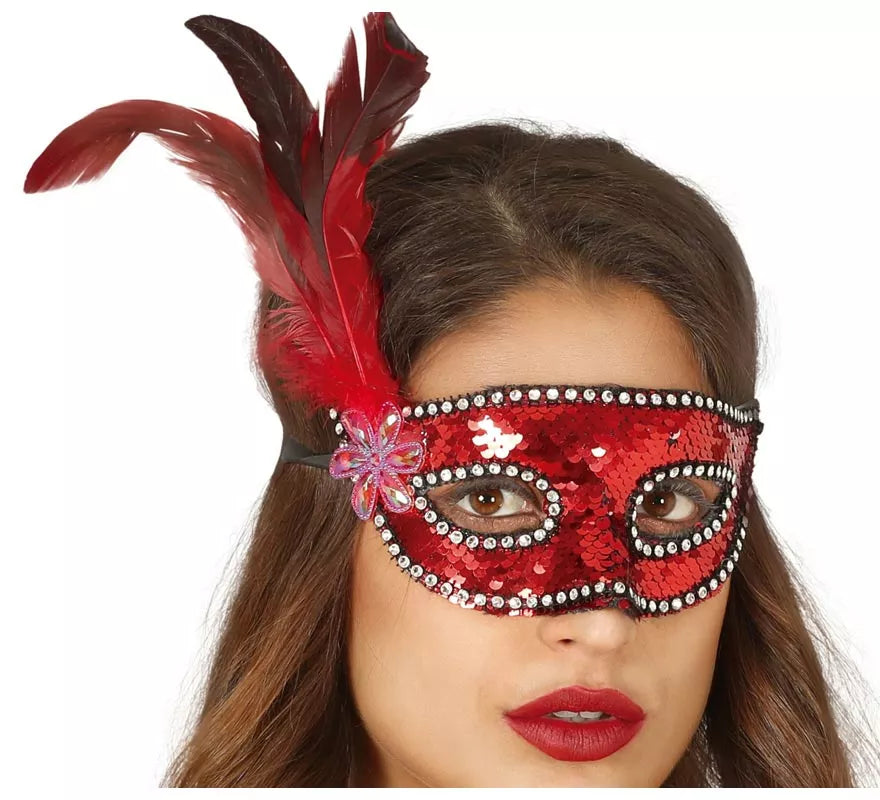 Translation missing: pt-PT.Antifaz de Lentejuelas Rojo con Plumas
