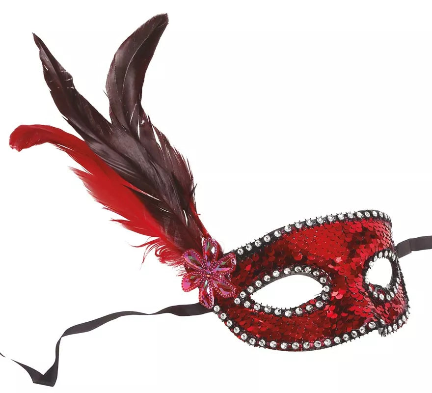 Translation missing: pt-PT.Antifaz de Lentejuelas Rojo con Plumas