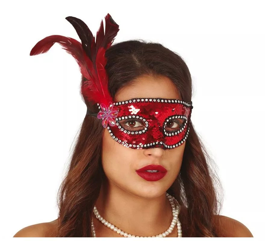Translation missing: pt-PT.Antifaz de Lentejuelas Rojo con Plumas
