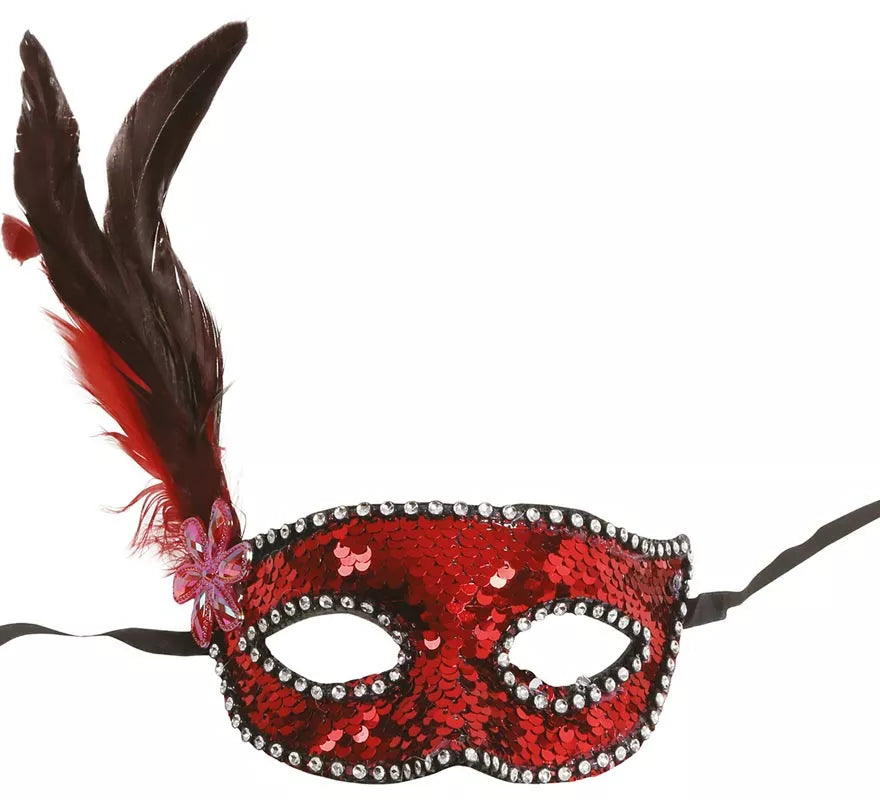 Translation missing: pt-PT.Antifaz de Lentejuelas Rojo con Plumas