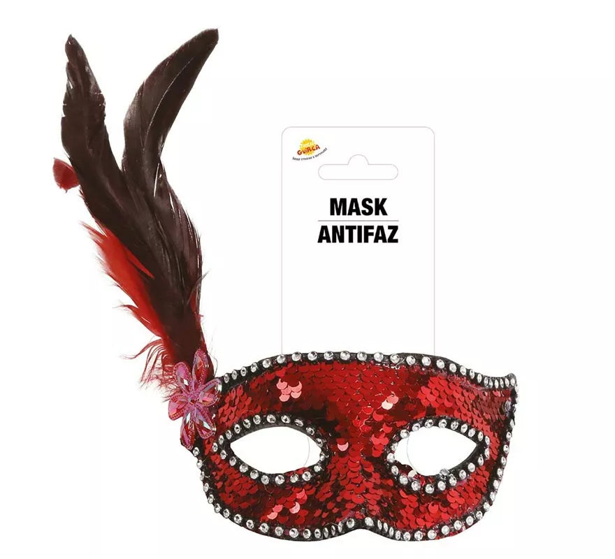 Translation missing: pt-PT.Antifaz de Lentejuelas Rojo con Plumas