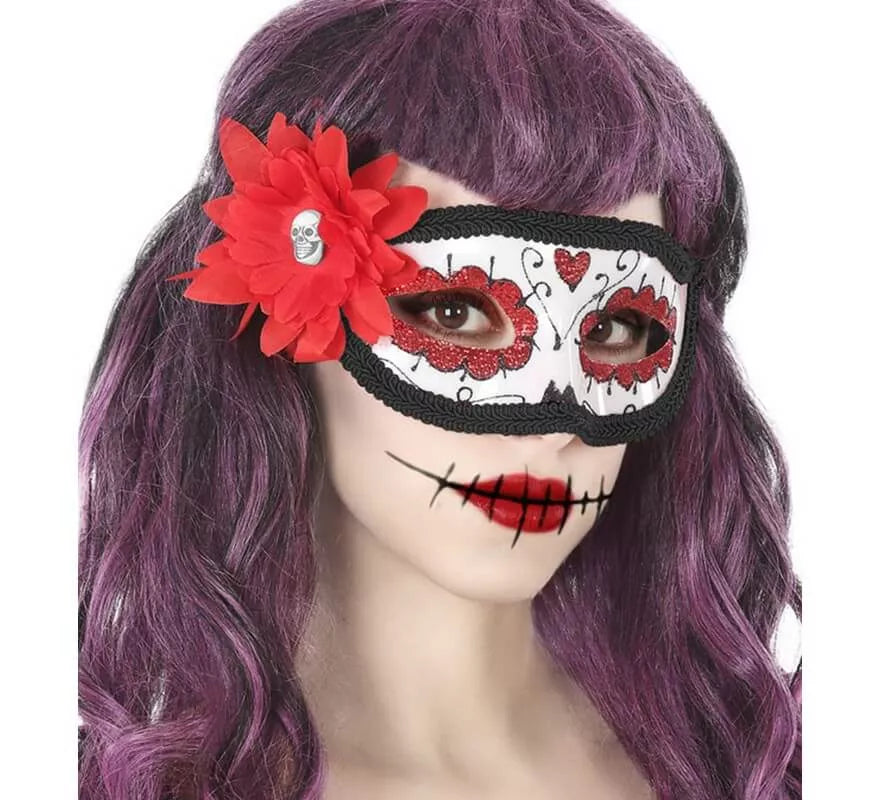 Translation missing: pt-PT.Antifaz del Día de los Muertos con Flor Roja