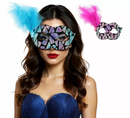 Antifaz Veneciano con Lentejuelas y Pluma en colores surtidos