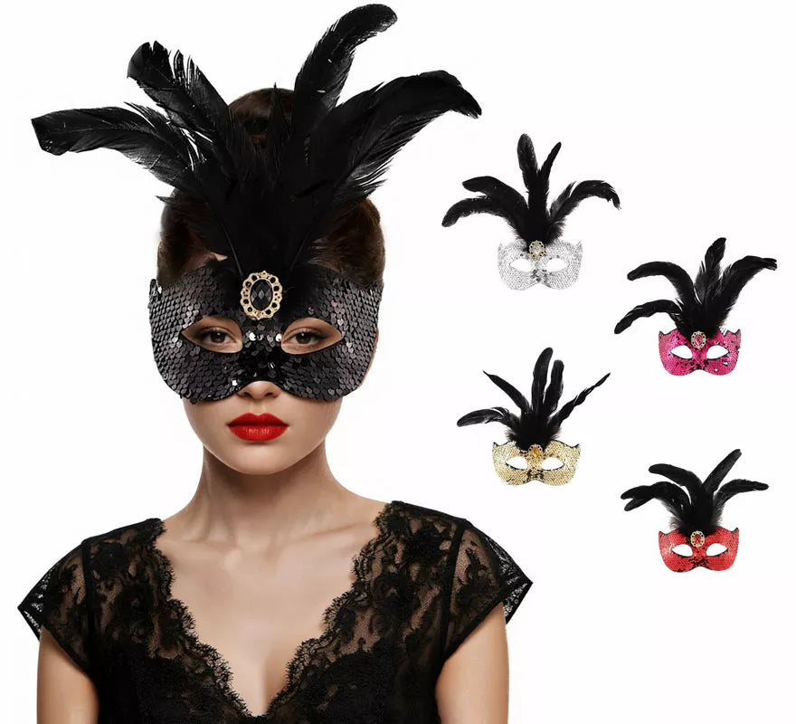 Translation missing: pt-PT.Antifaz Veneciano con Plumas y Lentejuelas en colores surtidos