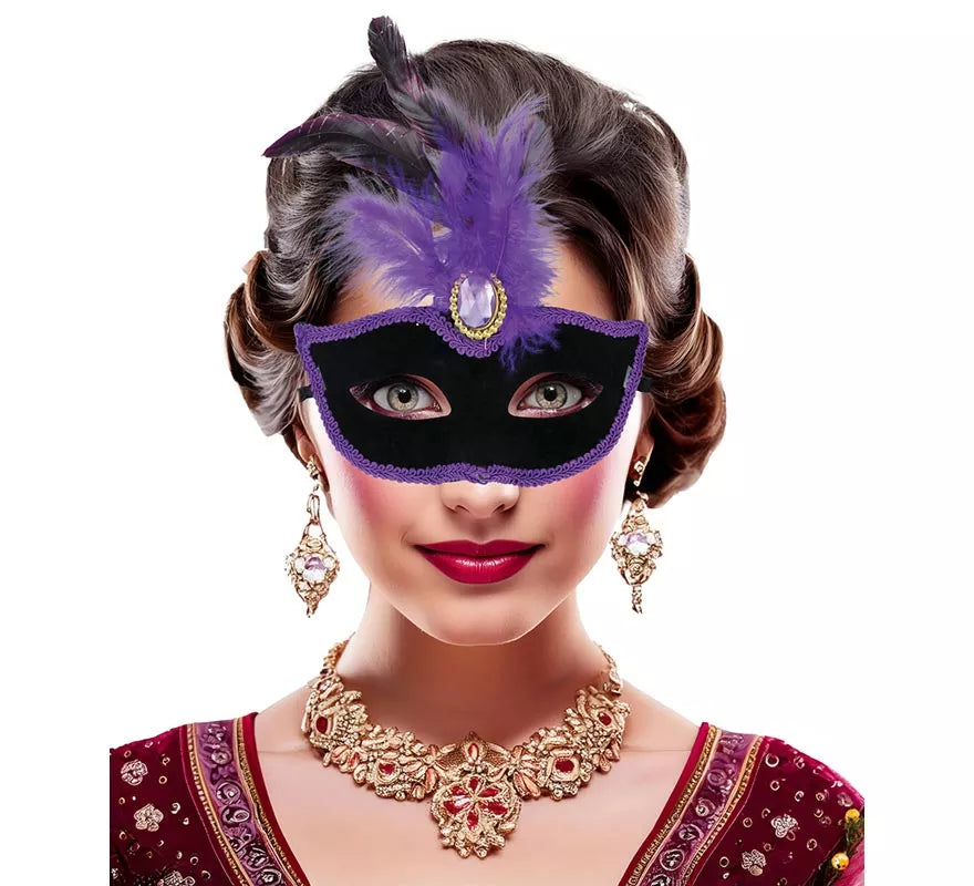 Translation missing: pt-PT.Antifaz Veneciano negro con Plumas lilas