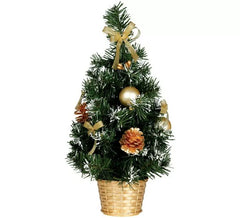 Árvore de Natal decorada 30 cm de ouro nevado com vaso de flores
