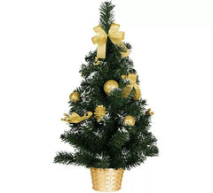 Árvore de Natal decorada com neve em ouro 60 cm com vaso de flores