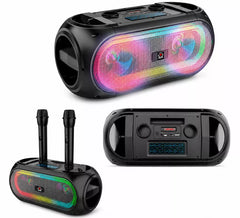 Caixa de som Bluetooth, rádio FM e 2 microfones sem fio.