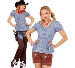 Jeans xadrez azul ou blusa bávara para mulher