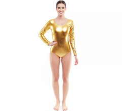 Body ou maillot dourado metálico de manga comprida para mulheres