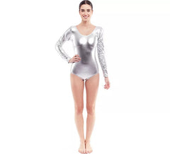 Body ou maillot prateado de manga comprida para mulher
