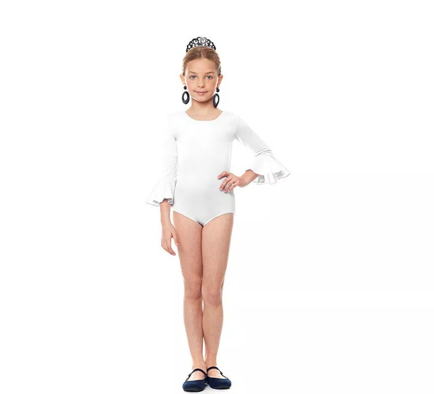 Translation missing: pt-PT.Body o maillot Sevillana Licra con Volante blanco para niña
