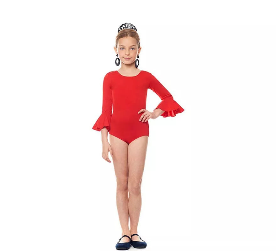 Translation missing: pt-PT.Body o maillot Sevillana Licra con Volante rojo para niña