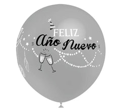 Saco de 8 balões prateados Feliz Ano Novo 90 cm