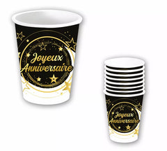 Saco com 6 Copos Joyeux Anniversaire de 240 ml-9 cms