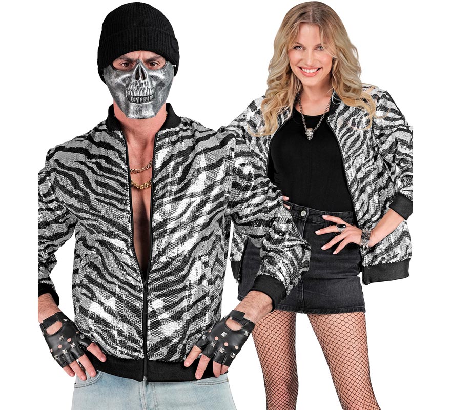 Translation missing: pt-PT.Bomber Moda a rayas plateado con lentejuelas para adulto