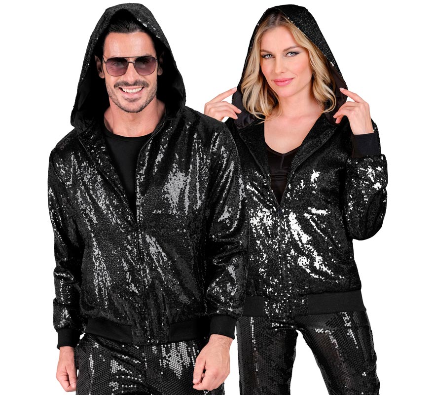 Translation missing: pt-PT.Bomber Moda negro con capucha y lentejuelas para adulto