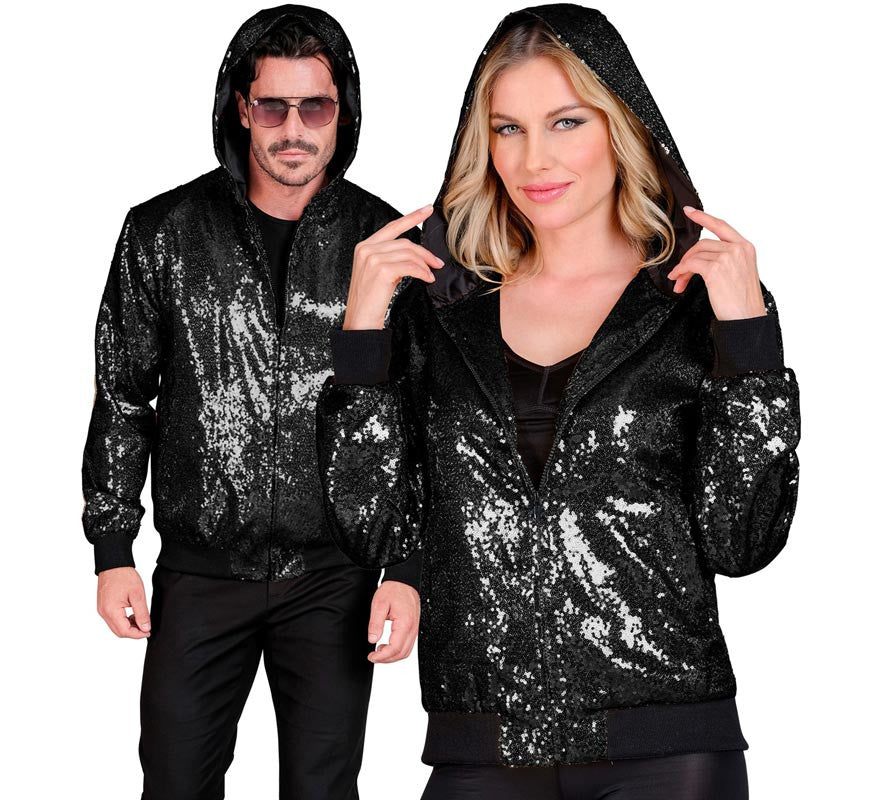 Translation missing: pt-PT.Bomber Moda negro con capucha y lentejuelas para adulto