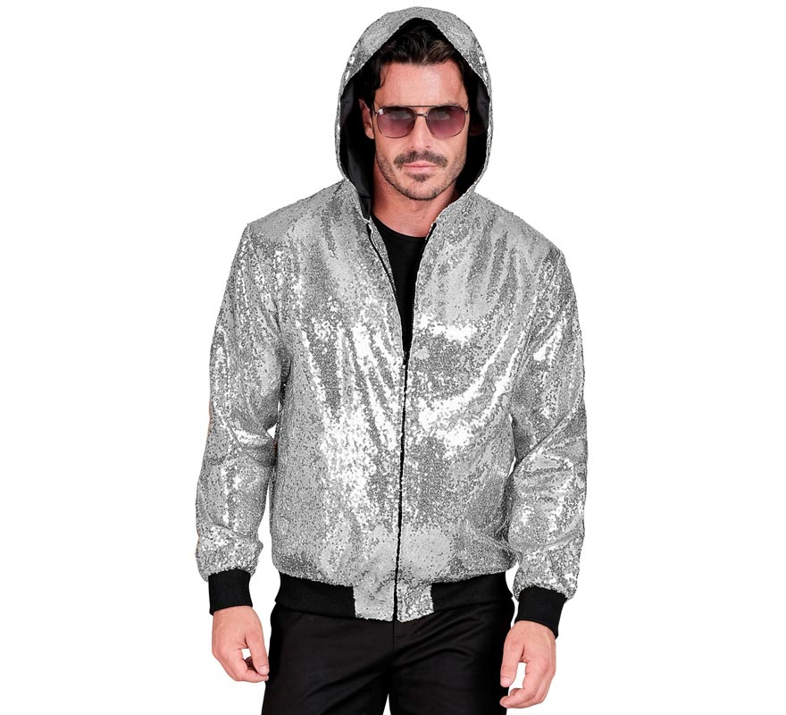 Translation missing: pt-PT.Bomber Moda plateado con capucha y lentejuelas para adulto