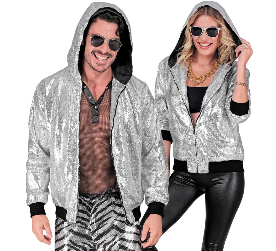 Translation missing: pt-PT.Bomber Moda plateado con capucha y lentejuelas para adulto