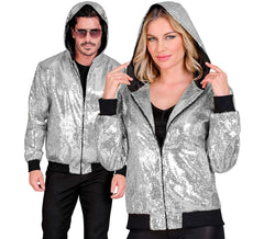 Bomber Fashion prateado com capuz e lantejoulas para adulto