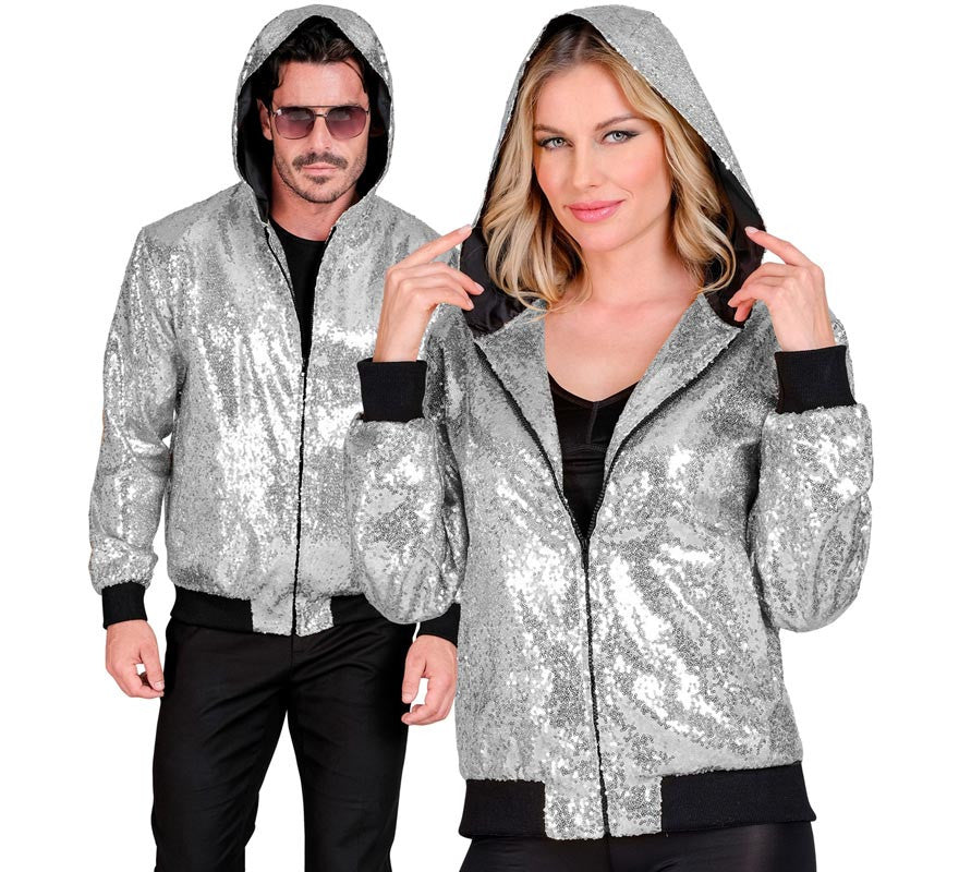 Translation missing: pt-PT.Bomber Moda plateado con capucha y lentejuelas para adulto