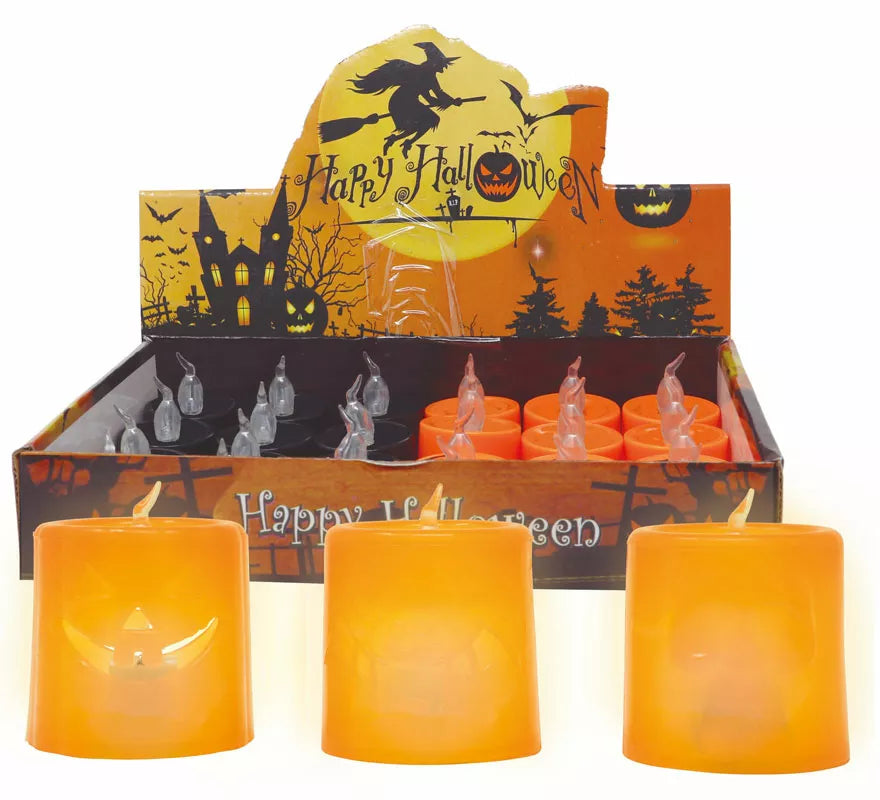 Translation missing: pt-PT.Caja de 12 Velas Naranja y Negra con Luz de 4.5X4.5 cm