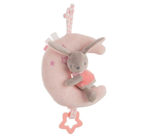 Caja de Música con Luna y Conejo Rosa de Terciopelo de 25 cm
