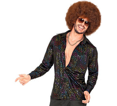 Camisa disco masculina preta multicolorida dos anos 70