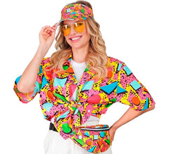 Camisa estampada multicolorida dos anos 80 para adultos