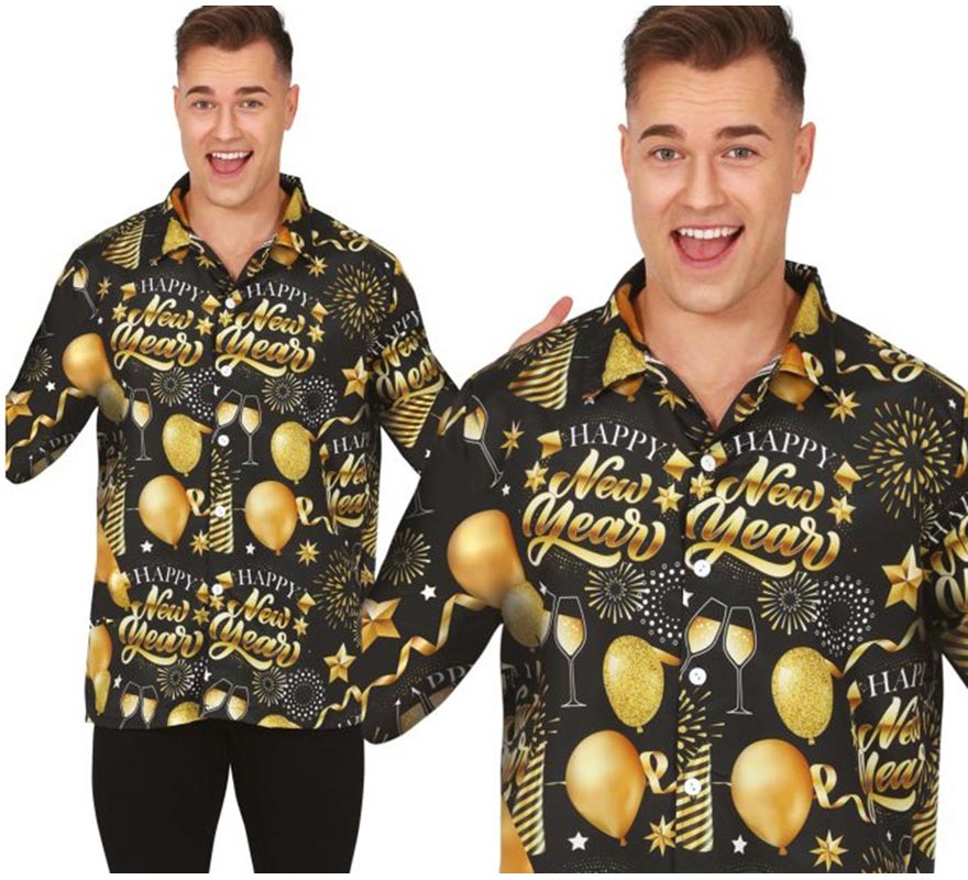 Translation missing: pt-PT.Camisa Happy New Year negro estampado adulto