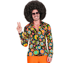 Camisa masculina hippie dos anos 60 com flores psicodélicas